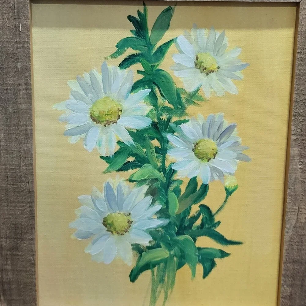 Vintage Oil Painting of Daisies Rustic Wooden Frame Impasto Technique